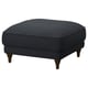 Dark blue upholstered footstool with wooden legs, square shape, simple design.