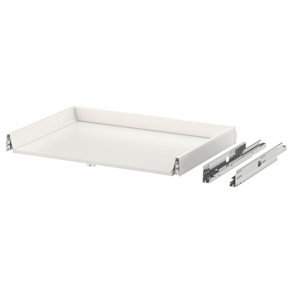 White push-to-open drawer with smooth runners & dampers, minimalist design for modern kitchens.