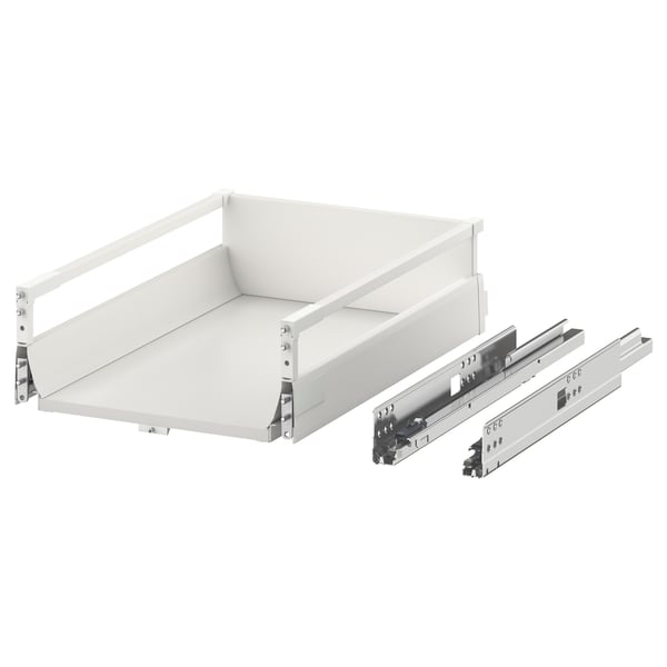 A white EXCEPTIONELL push-to-open drawer with built-in dampers, ideal for minimalist kitchens.