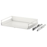 A white EXCEPTIONELL drawer system with metal runners. Its designed for easy push-to-open access and has a sleek, minimalist appearance.