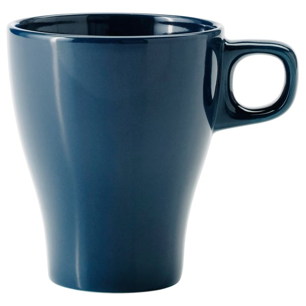 A dark blue, ceramic mug with a simple design and comfortable handle, ideal for various settings.