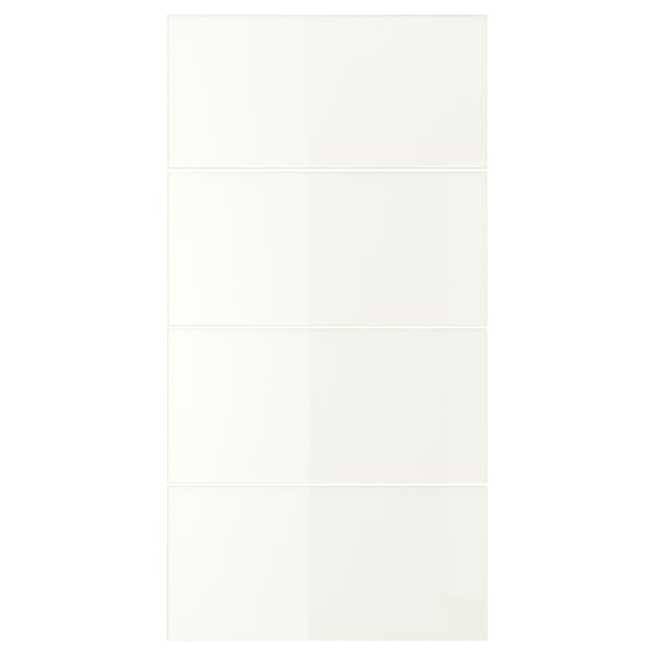FÄRVIK white glass wardrobe doors feature sleek, reflective panels with a soft, off-white enamel, offering a modern, elegant design.