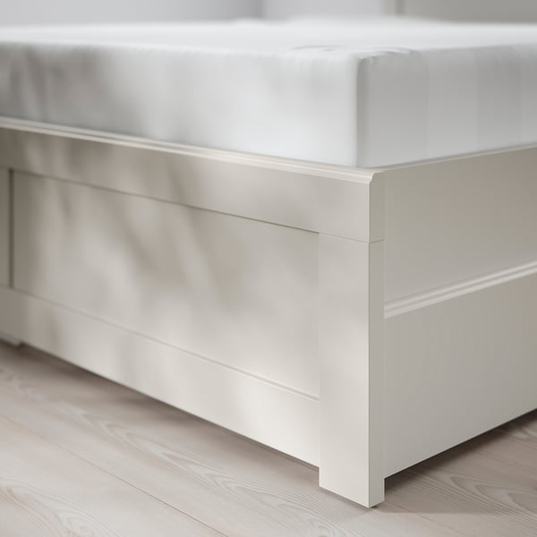 FÅGELFJÄLLET Bed frame with 2 storage boxes, off-white, Standard Double