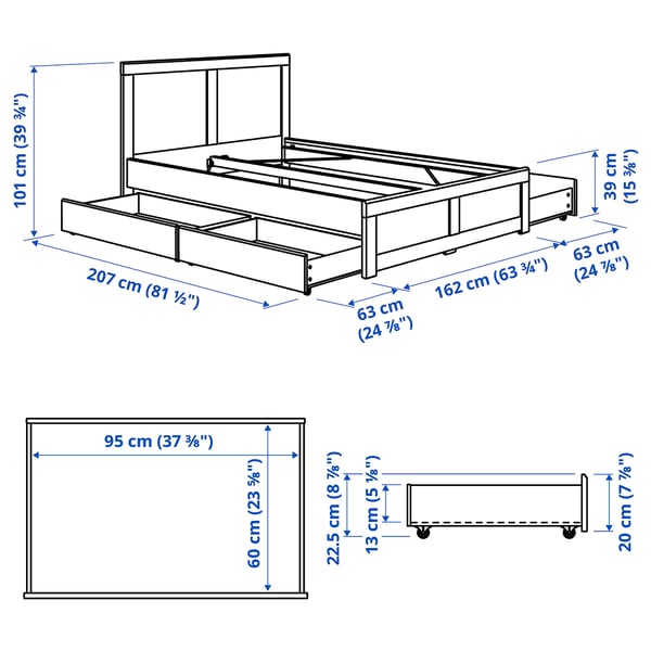 FÅGELFJÄLLET Bed frame with 4 storage boxes, off-white/Lönset, Standard King