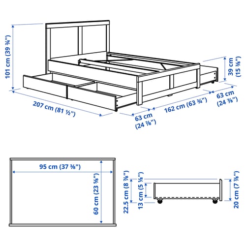 FÅGELFJÄLLET Bed frame with 4 storage boxes, off-white/Lönset, Standard King