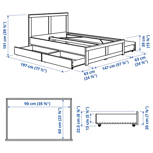 FÅGELFJÄLLET Bed frame with 4 storage boxes, off-white/Luröy, Standard Double