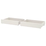 Two white rectangular under-bed storage boxes with casters, simple design, perfect for organising bed linens.