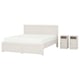 A FÅGELFJÄLLET bedroom set featuring a white bed with a headboard and footboard, and two matching bedside tables with brass-effect knobs.