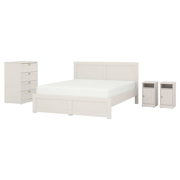 White FÅGELFJÄLLET bed set: king bed, 2 nightstands, dresser. Classic, wooden, smooth finish.