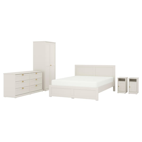 FÅGELFJÄLLET white bedroom set: bed, dresser, wardrobe, & nightstands. Classic design with gold accents.