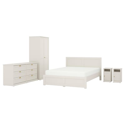 FÅGELFJÄLLET white bedroom set: bed, dresser, wardrobe, & nightstands. Classic design with gold accents.