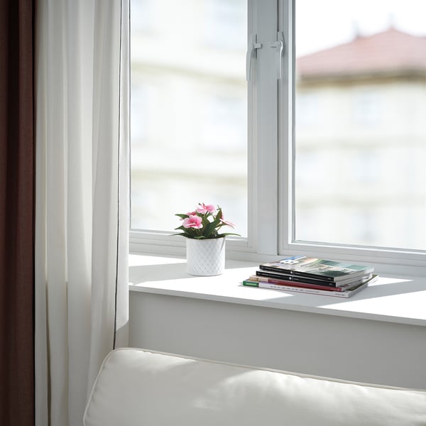 Window sill with pink flowers, magazines, curtains, couch.
