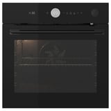 Black modern oven with touch controls and digital display.