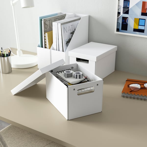 Recycled paper FJÄDERHARV desk organizers, one open