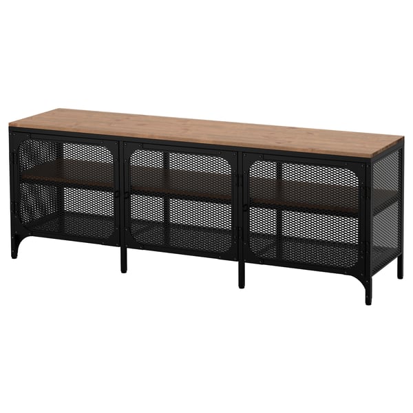 Black metal and wooden tv stand. Three mesh compartments, wooden top. Modern industrial design.