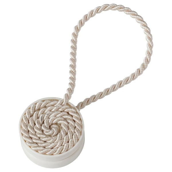 A beige FÖNSTERBOMAL magnetic tie-back, featuring a round base and twisted cord design, ideal for holding back curtains.