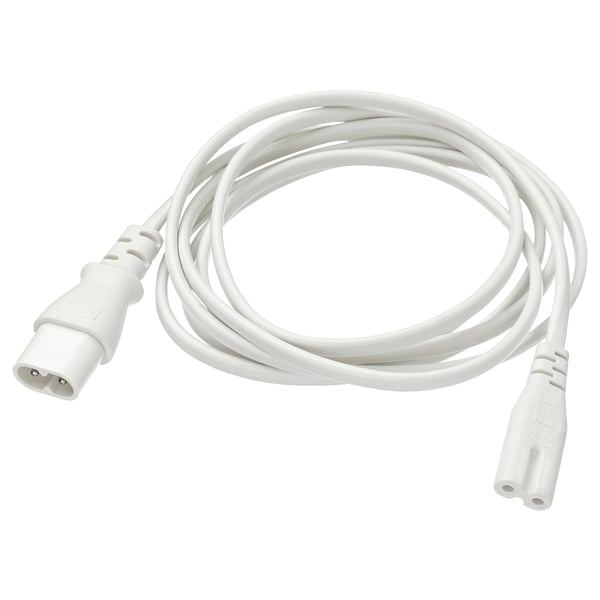 A FÖRNIMMA white power cord, 2 meters long. Its made of pvc plastic and polyester, used to connect multiple lamps to a single power source.