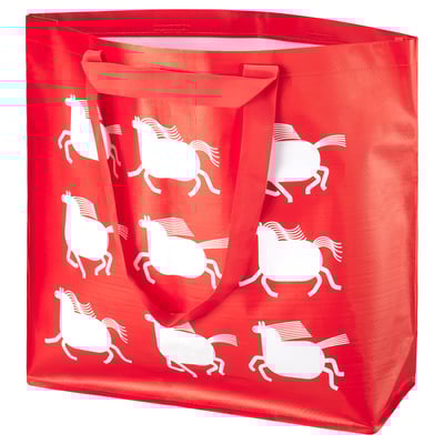 Red tote bag with white horse designs, durable, foldable, ideal for shopping or recycling.