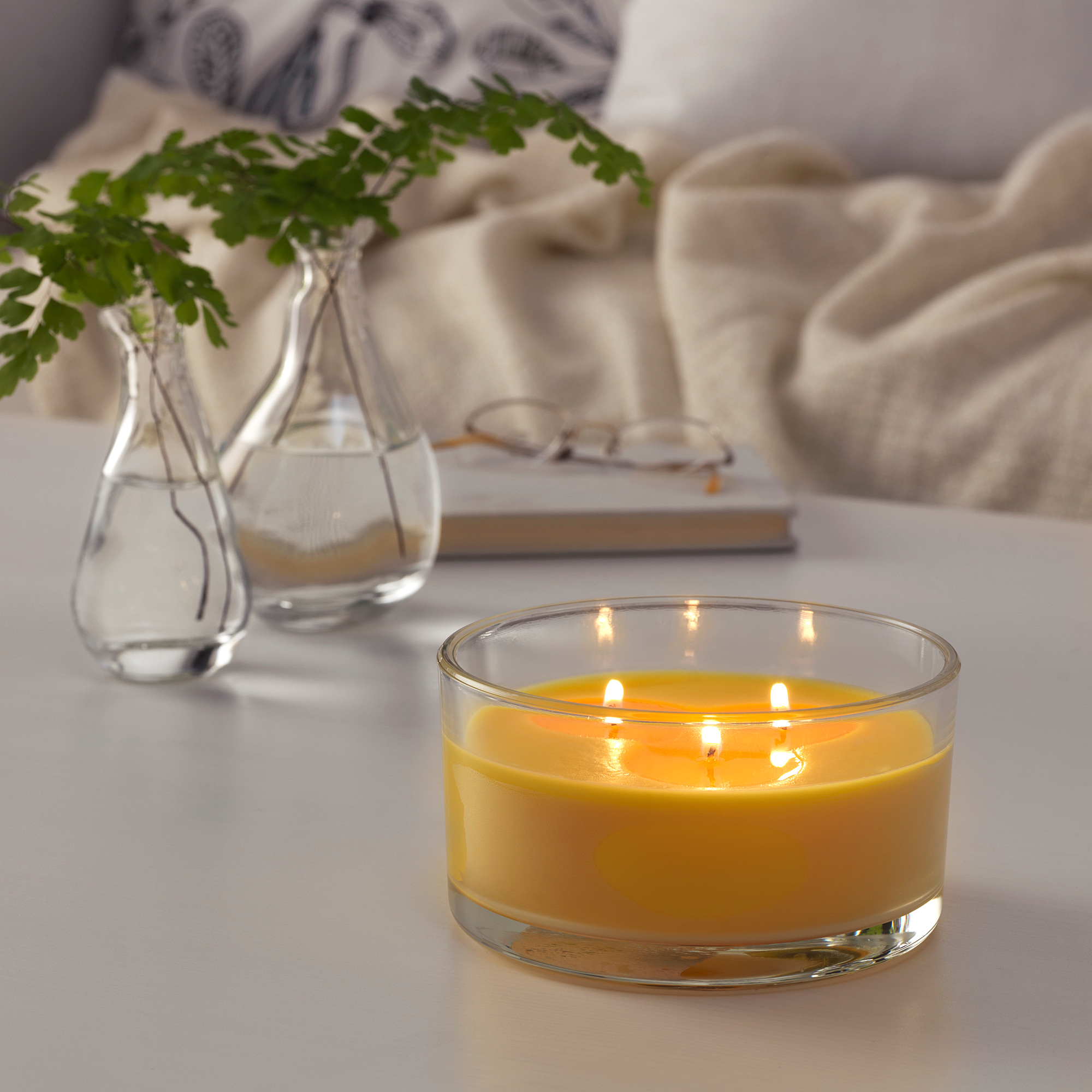 FOLKRIK Scented candle in glass, 3 wicks, lemonade, yellow IKEA Ireland