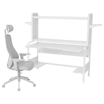 White gaming desk & chair with adjustable shelves, cable management, wrist support, mesh back, and lumbar support.
