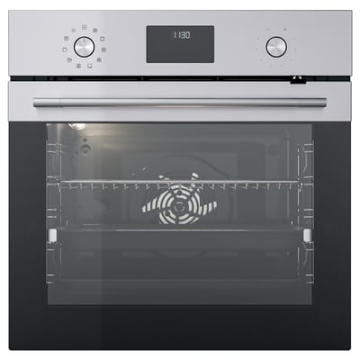 Sleek silver oven with digital display and glass door.