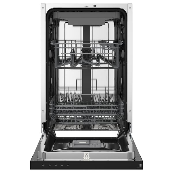 Open dishwasher with three racks and control panel.