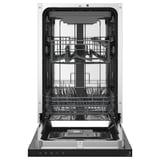 Open dishwasher with three racks and control panel.
