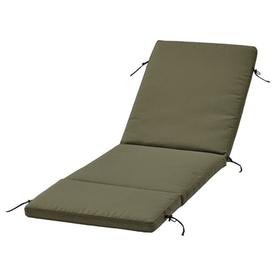 Olive green lounge chair cushion. Rectangular, outdoor use with ties and water-repellent cover.
