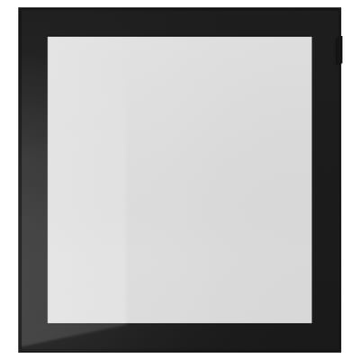 Black glass-front cabinet with sleek, modern design.