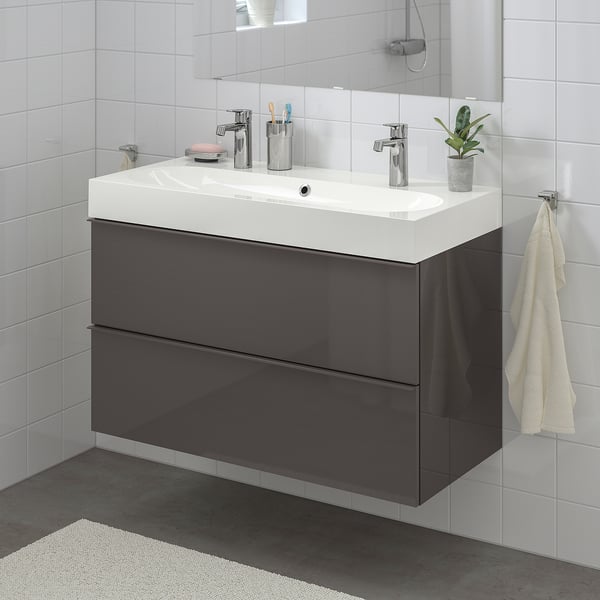 GODMORGON / BRÅVIKEN Wash-stand with 2 drawers - high-gloss grey, Brogrund tap - IKEA