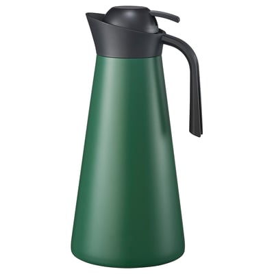 Green GOKVÄLLÅ thermal carafe with black handle & lid, sleek design.