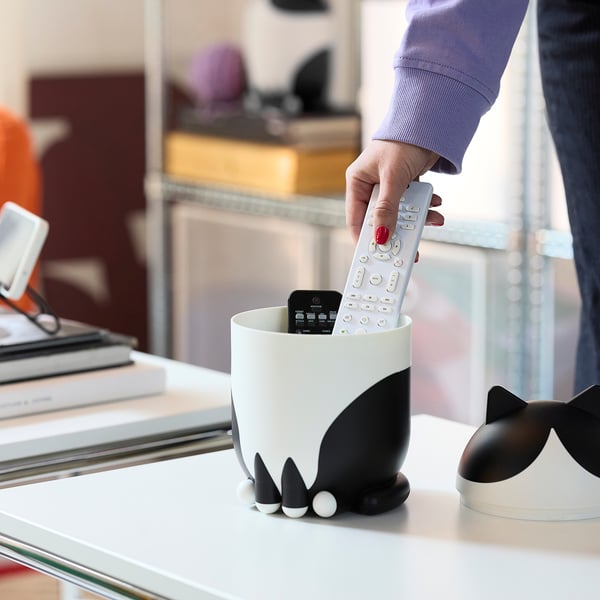 GREJSIMOJS Storage with lid, cat-shaped black/white