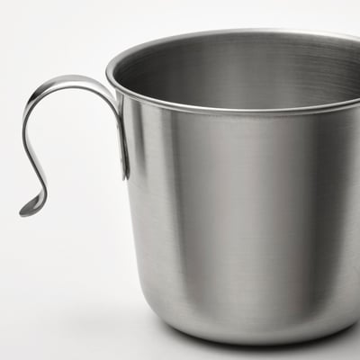 Two shiny silver stainless steel mugs, one with varied handles, designed for outdoor use, displayed on a white background.
