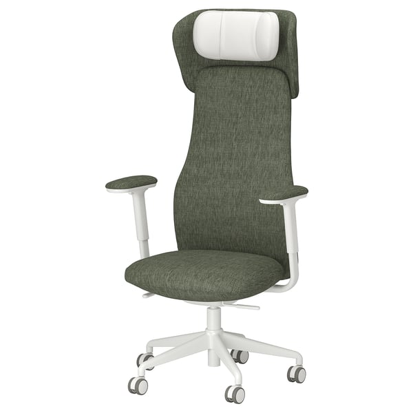 Green high-back office chair with white armrests, wheels, and adjustable headrest for comfort and support.