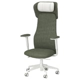 Green high-back office chair with white armrests, wheels, and adjustable headrest for comfort and support.