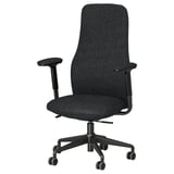 A black GRÖNFJÄLL office chair with ergonomic adjustable armrests, and lumbar support, designed for comfort and long hours of work.