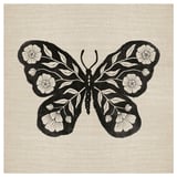 Black butterfly with white floral wings, printed on rustic canvas.