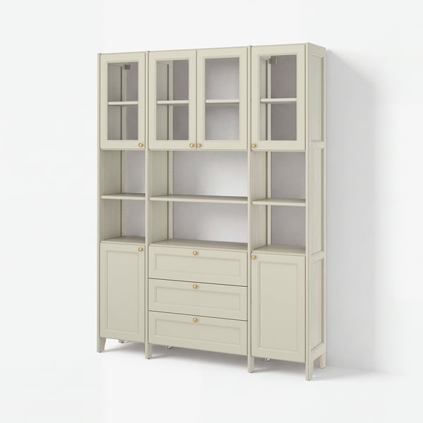 GULDDRAGARE Storage combination, beige clear glass/with doors and shelves with 3 drawers, 162x37x216 cm