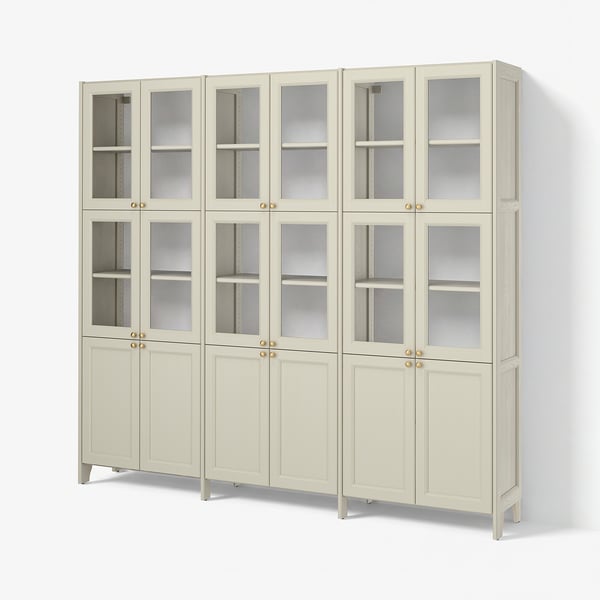 GULDDRAGARE Storage combination, beige with 6 doors/clear glass with doors, 238x37x216 cm