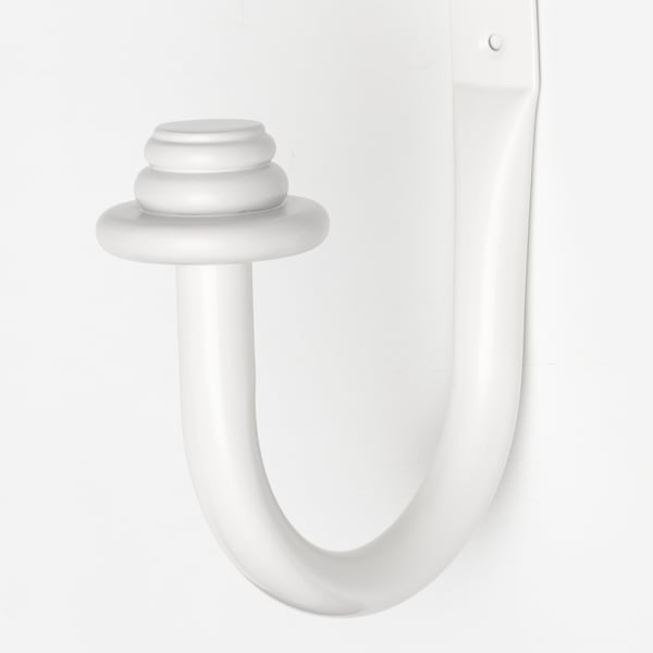 White metal hook with stacked finial ends, designed for hanging items, showcasing clean, high-quality finish.