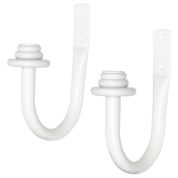 Two white u-shaped curtain tie-backs with circular finials, designed for decorative and functional window use.