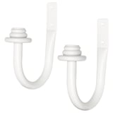 Two white u-shaped curtain tie-backs with circular finials, designed for decorative and functional window use.