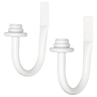 Two white u-shaped curtain tie-backs with circular finials, designed for decorative and functional window use.