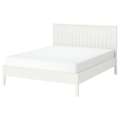 White GULLABERG bed with wooden slats, clean design, sturdy headboard.