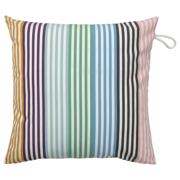 Multicolored striped square cushion, perfect for outdoors. Bright colors on white background, with a loop for hanging.