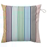 Multicolored striped square cushion, perfect for outdoors. Bright colors on white background, with a loop for hanging.