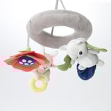 Crib mobile with plush animals and colorful leaves. The soft toys hang from a gray hoop, and the design stimulates a babys senses and vision.