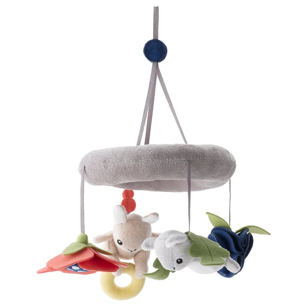 GULLIGAST baby mobile: grey base, tan deer, grey mouse, blue duck.