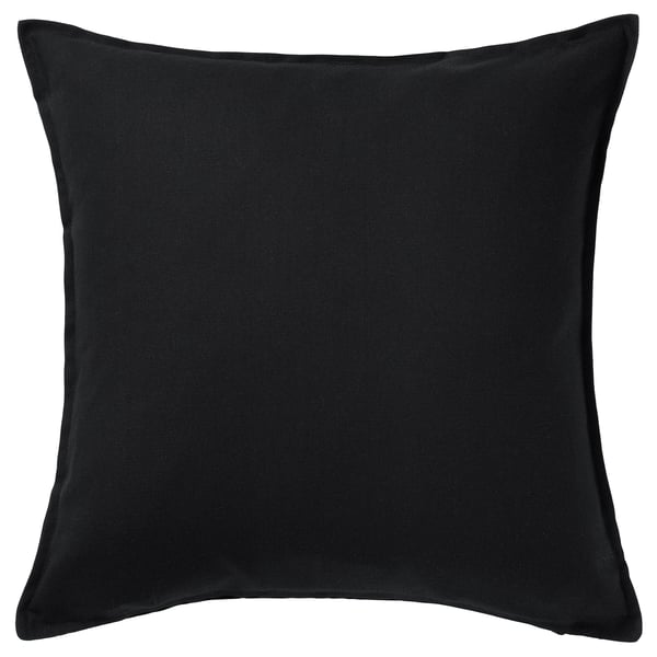 A square black GURLI cushion cover. Its made from 100% cotton and a simple, zippered design.