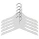Five gray plastic hangers with chrome hooks, neatly arranged in a row against a white background. Designed for childrens clothes.